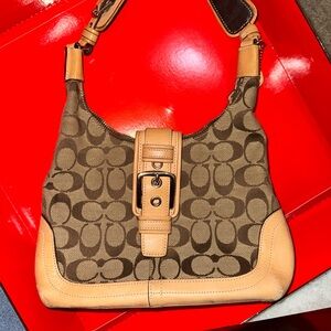 Vintage Coach Tan and Brown Hobo Bag with Signature Monogram